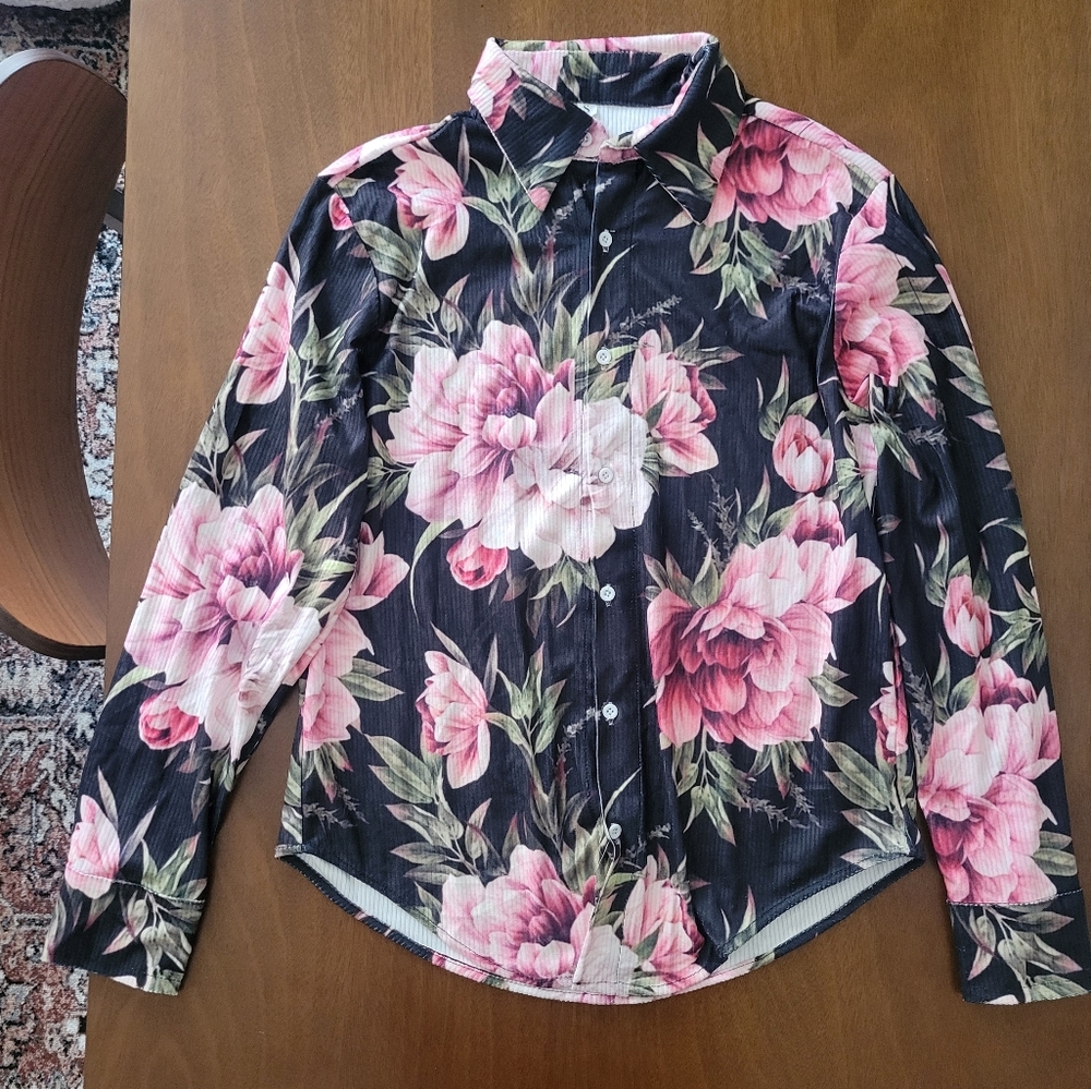 Punkoutfit Men's Retro Dark Style Beautiful Flowers Print Long Sleeve Shirt